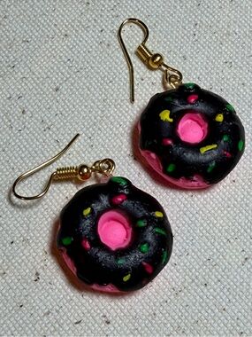 Donut Dangle Earrings — Black & Pink Sprinkle Design